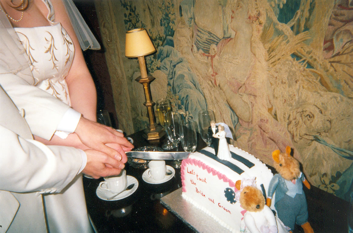 Tom & Charlotte pretending to cut cake